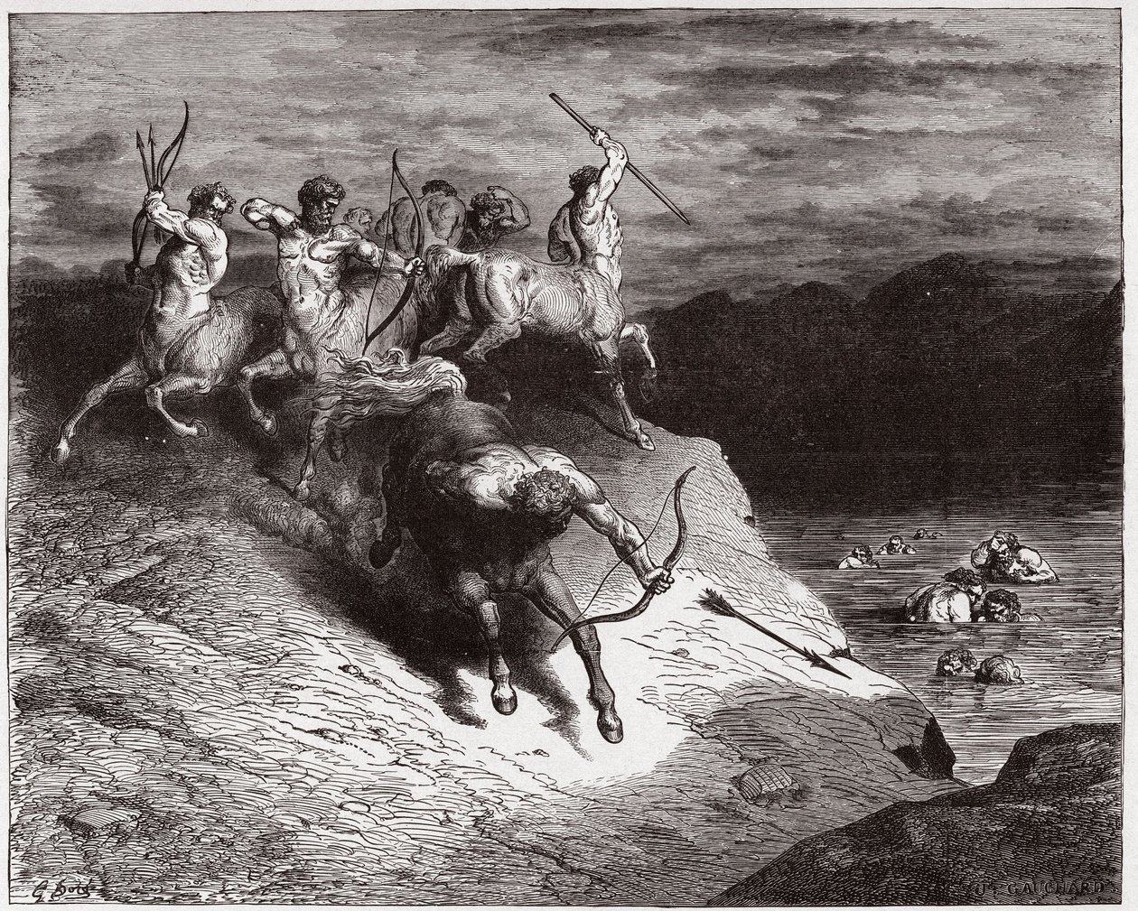 Die Göttliche Komödie, Inferno, Gesang 12: Die Zentauren greifen die Seelen im kochenden Blut an (Illustration von Gustave Doré) von Gustave Dore