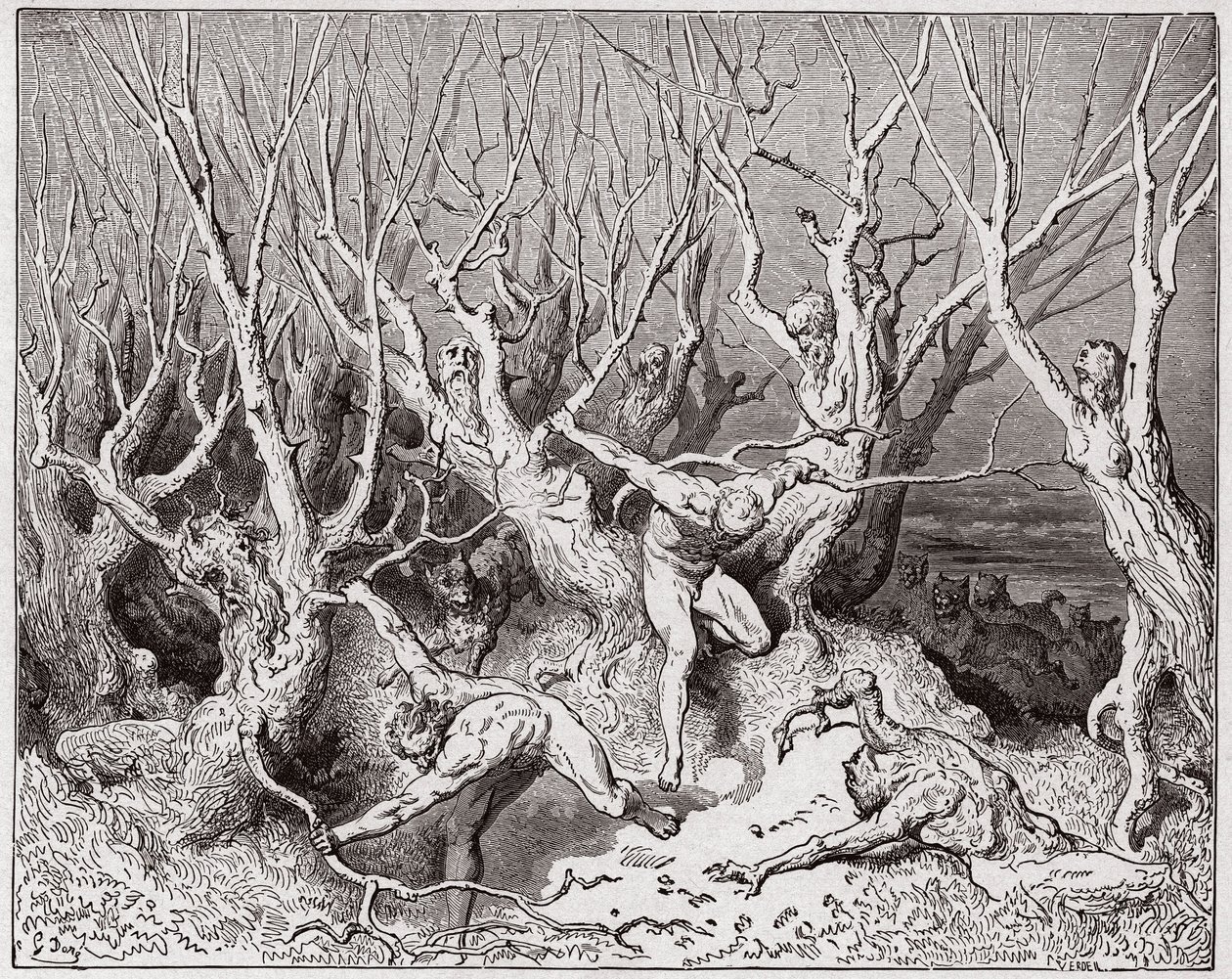 Die Göttliche Komödie (La Divina Commedia, La Divine Comedie), Inferno, Gesang 13: Die Selbstmörder fliehen den Wald - von Dante Alighieri (1265-1321) - Illustration von Gustave Dore (1832-1883) von Gustave Dore