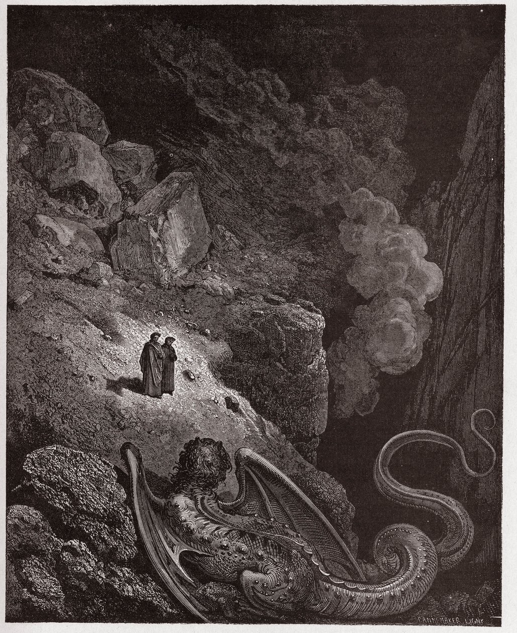 Die Göttliche Komödie, Inferno, Gesang 17: Geryon, Symbol des Betrugs (Illustration von Gustave Doré) von Gustave Dore