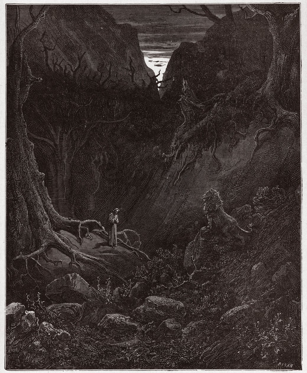 Die Göttliche Komödie (La Divina Commedia), Inferno, Gesang 1: Der Löwe konfrontiert plötzlich Dante - von Dante Alighieri (1265-1321) - Illustration von Gustave Doré (1832-1883) von Gustave Dore