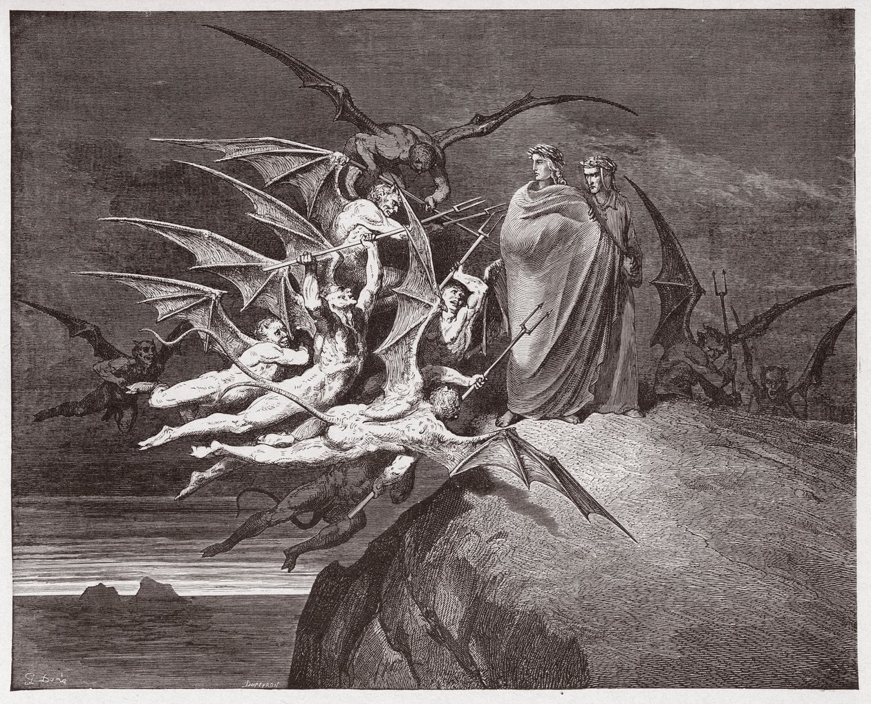 Die Göttliche Komödie, Inferno, Gesang 21: Die Dämonen bedrohen Virgil (Illustration von Gustave Doré) von Gustave Dore