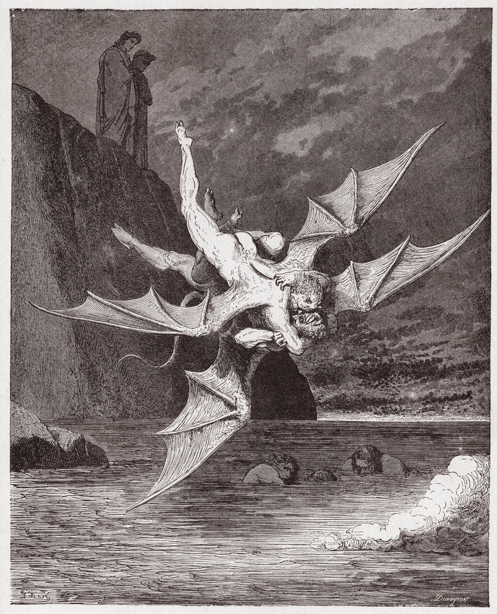Die Göttliche Komödie, Inferno, Gesang 22: Alichino und Calcabrina ringen über dem Pech - von Dante Alighieri (1265-1321) - Illustration von Gustave Doré (1832-1883) von Gustave Dore