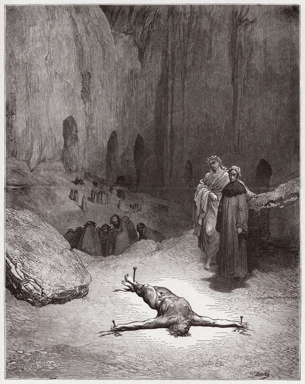 Die Göttliche Komödie, Inferno, Gesang 23: Ein gekreuzigter Pharisäer unter den Heuchlern (Illustration von Gustave Doré) von Gustave Dore