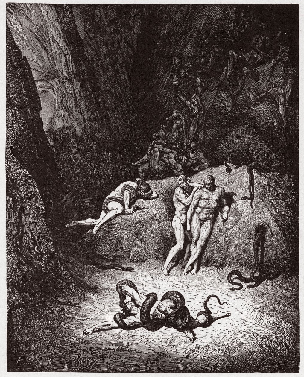 Die Göttliche Komödie, Inferno, Gesang 25: Agnello verwandelt sich in eine Schlange - von Dante Alighieri (1265-1321) - Illustration von Gustave Doré (1832-1883) von Gustave Dore