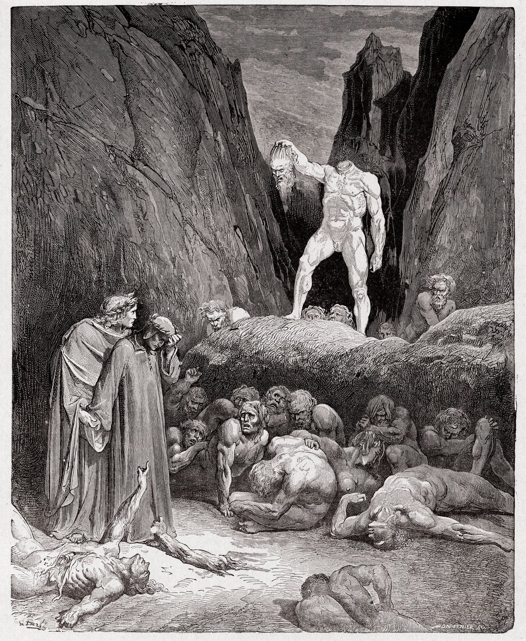 Die Göttliche Komödie, Inferno, Gesang 28: Der abgetrennte Kopf von Bertrand de Born spricht zu Dante - von Dante Alighieri (1265-1321) - Illustration von Gustave Doré (1832-1883) von Gustave Dore
