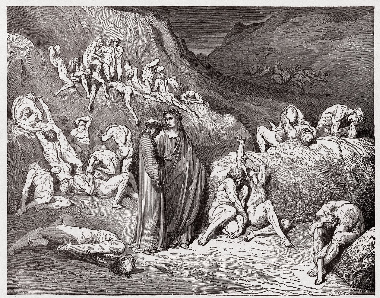 Die Göttliche Komödie, Inferno, Gesang 29: Die Fälscher und Fälscher werden mit Juckreiz gequält (Illustration von Gustave Doré) von Gustave Dore