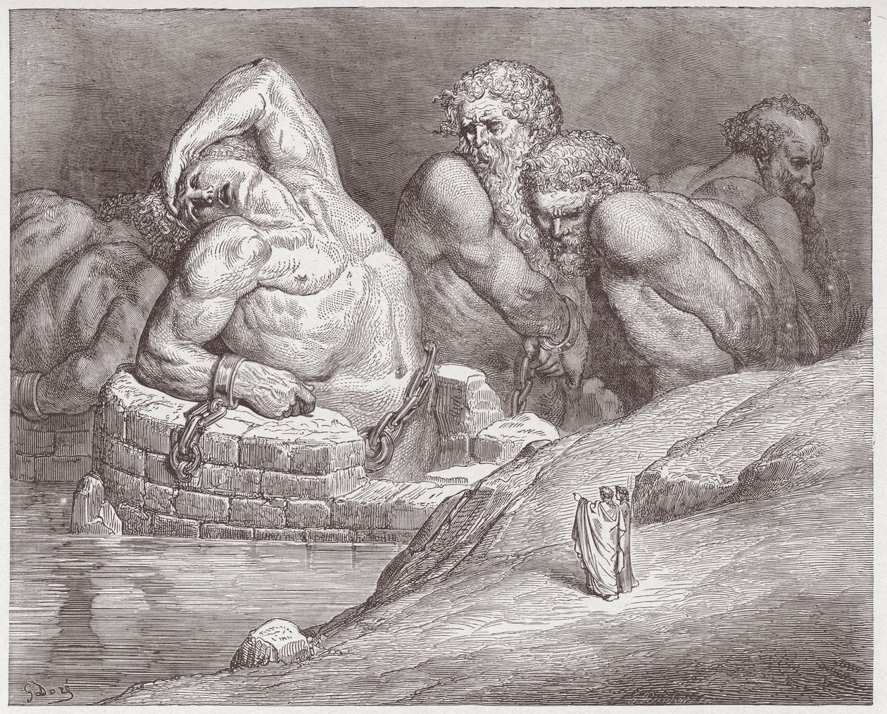Die Göttliche Komödie, Inferno, Gesang 31: Ephialtes in Fesseln unter den Riesen - von Dante Alighieri (1265-1321) - Illustration von Gustave Doré (1832-1883) von Gustave Dore
