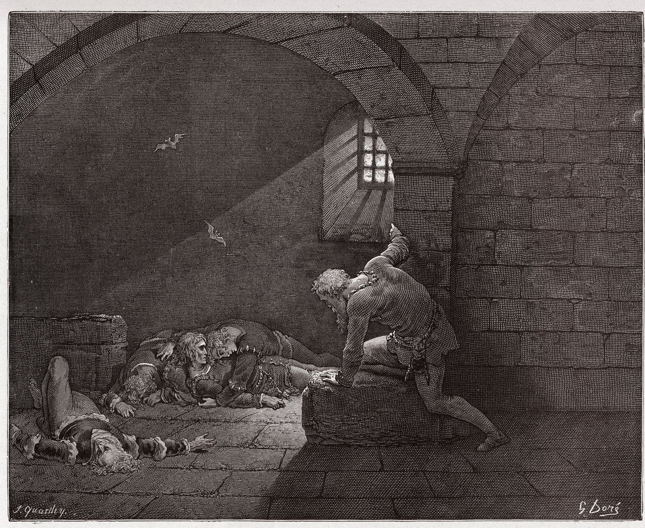 Die Göttliche Komödie, Inferno, Gesang 33: Ugolino in der Zelle mit seinen vier toten Söhnen (Illustration von Gustave Doré) von Gustave Dore