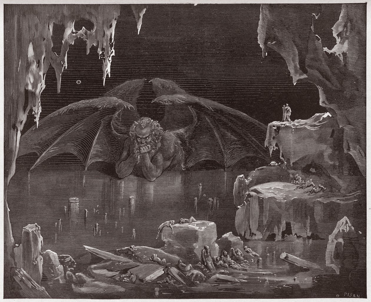 Die Göttliche Komödie, Inferno, Gesang 34: Luzifer, König der Hölle, im Eis gefroren (Illustration von Gustave Doré) von Gustave Dore