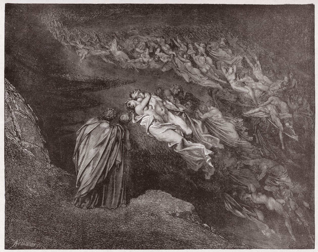 Die Göttliche Komödie, Inferno, Gesang 5: Die Seele von Francesca spricht zu Dante (Illustration von Gustave Doré) von Gustave Dore