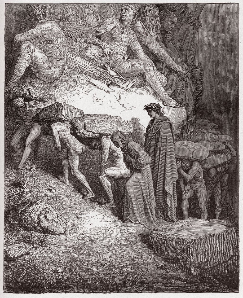 Die Göttliche Komödie, Purgatorio, Gesang 11: Die Seelen der Stolzen, schwere Steine tragend (Illustration von Gustave Doré) von Gustave Dore