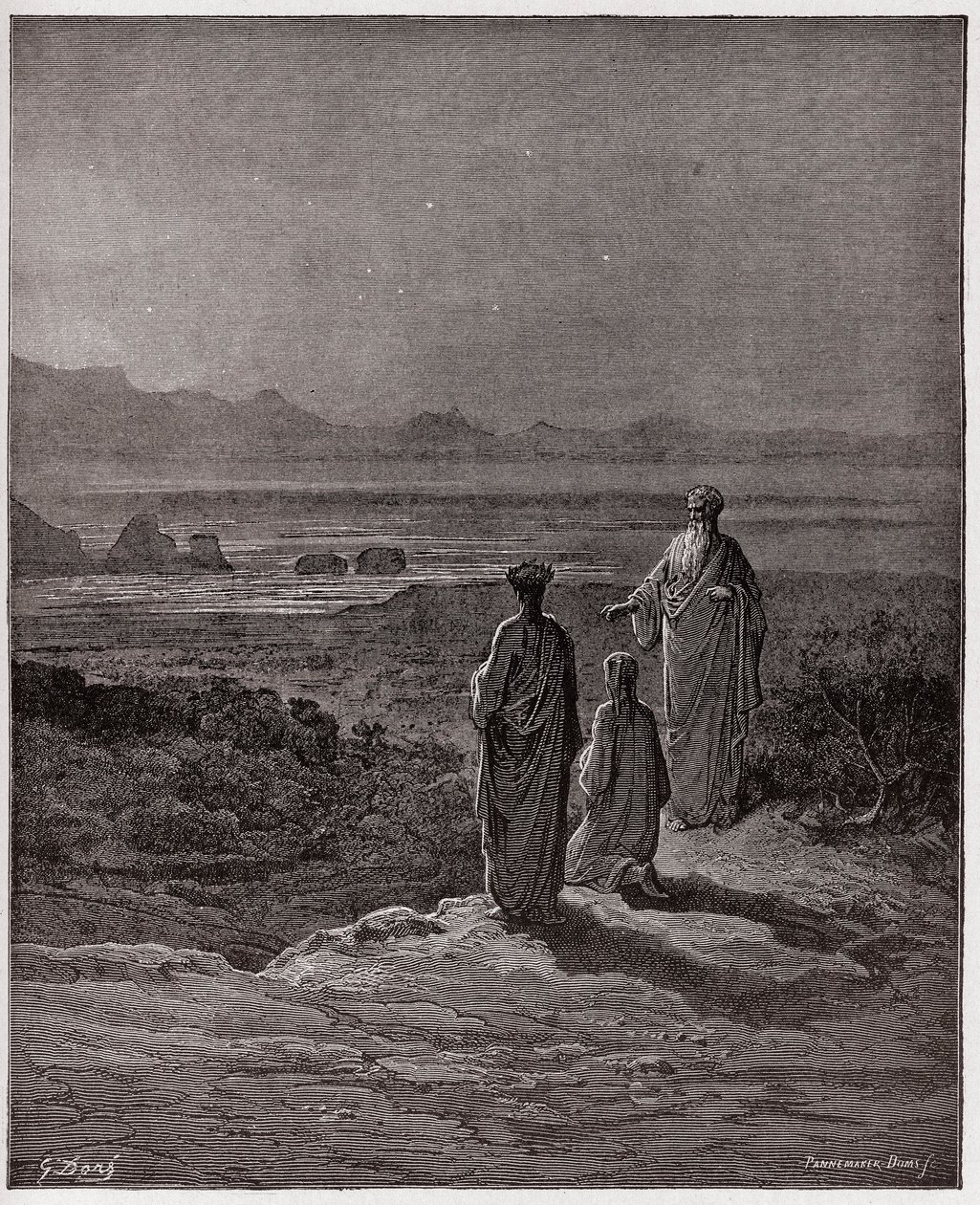 Die Göttliche Komödie, Purgatorio, Gesang 1: Dante kniet vor Statius - von Dante Alighieri (1265-1321) - Illustration von Gustave Doré (1832-1883) von Gustave Dore