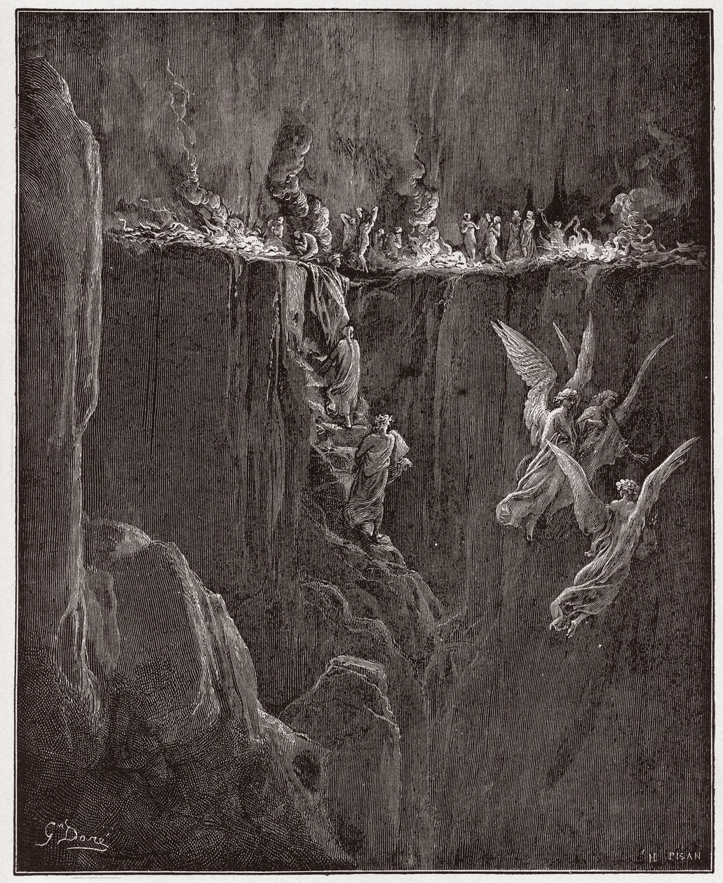 Die Göttliche Komödie, Purgatorio, Gesang 25: Virgil und Dante steigen durch Flammen in den siebten Kreis auf - von Dante Alighieri (1265-1321) - Illustration von Gustave Doré (1832-1883) von Gustave Dore