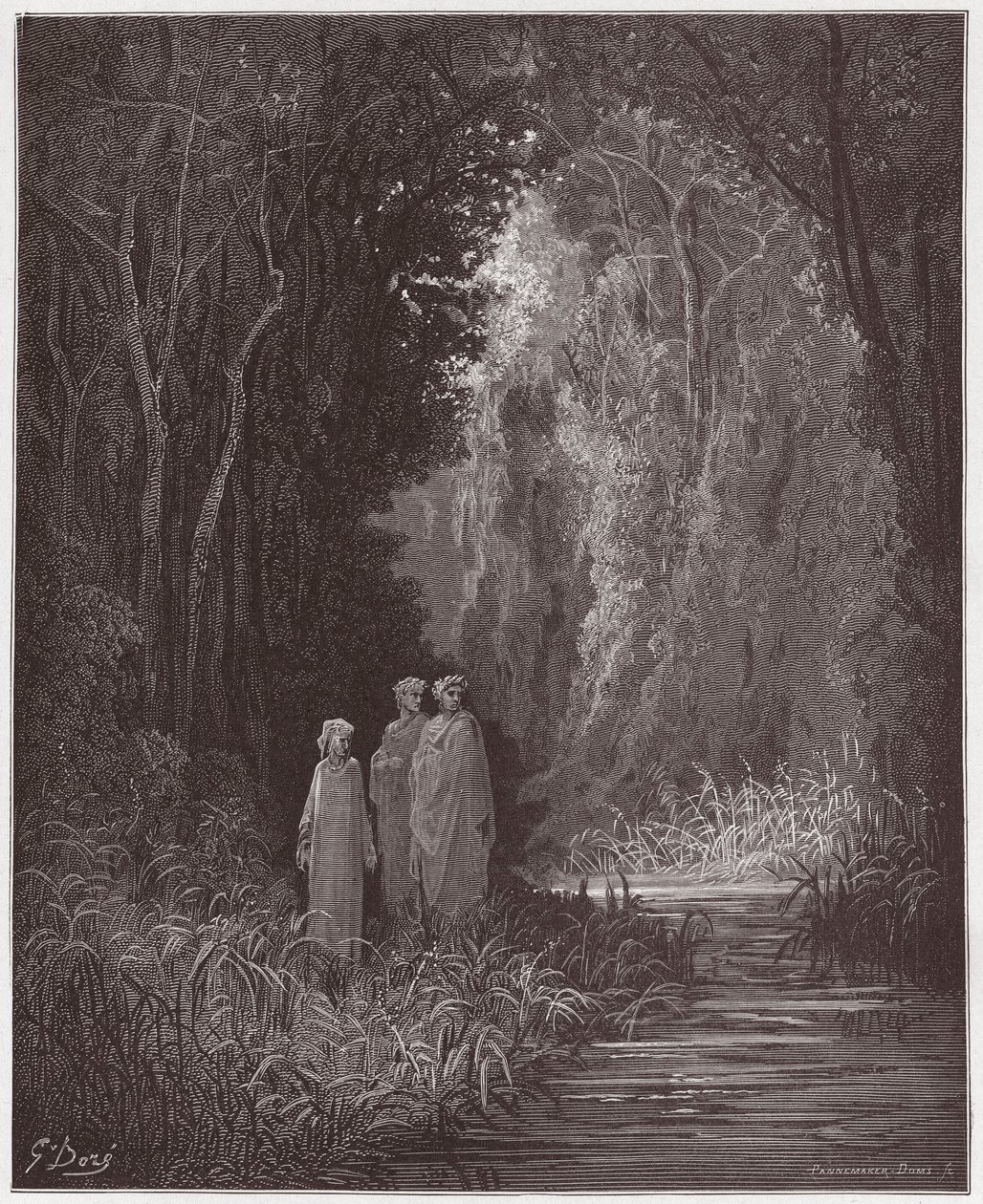 Die Göttliche Komödie (La Divina Commedia), Purgatorio, Gesang 28: Dante, Virgil und Statius im alten Wald des irdischen Paradieses - von Dante Alighieri (1265-1321) - Illustration von Gustave Doré (1832-1883) von Gustave Dore