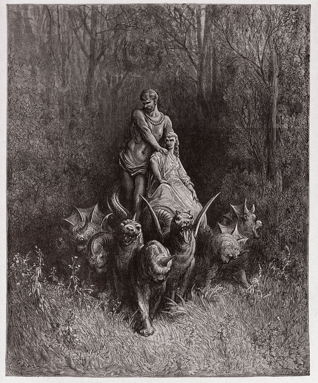 Die Göttliche Komödie, Purgatorio, Gesang 32: Der Riese und die Hure im Wagen (Illustration von Gustave Doré) von Gustave Dore