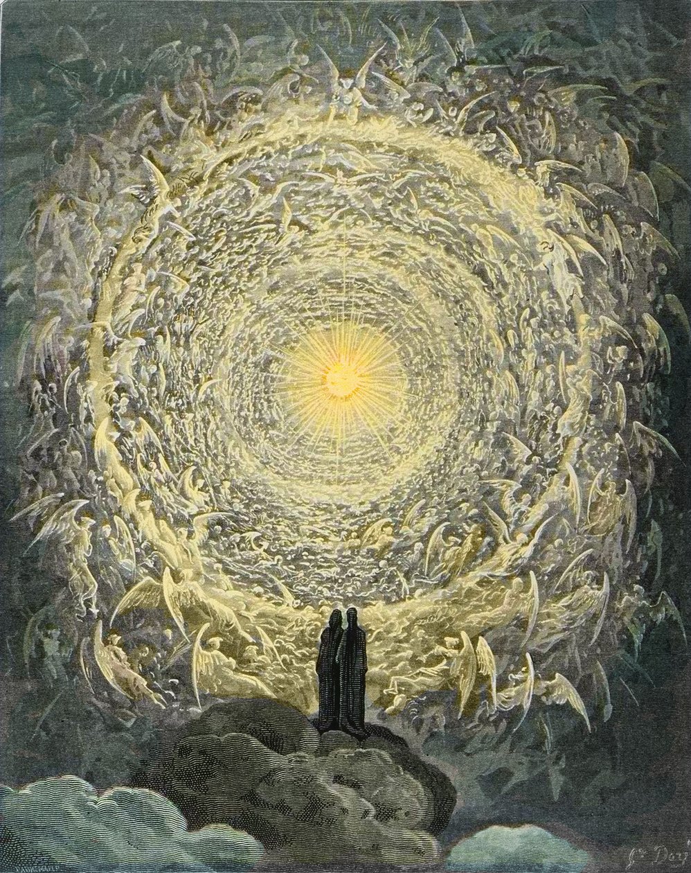 Die Göttliche Komödie, Paradiso, Gesang 31: Die heilige Schar bildet eine Rose im Empyreum (rose celeste) - von Dante Alighieri (1265-1321) von Gustave Dore