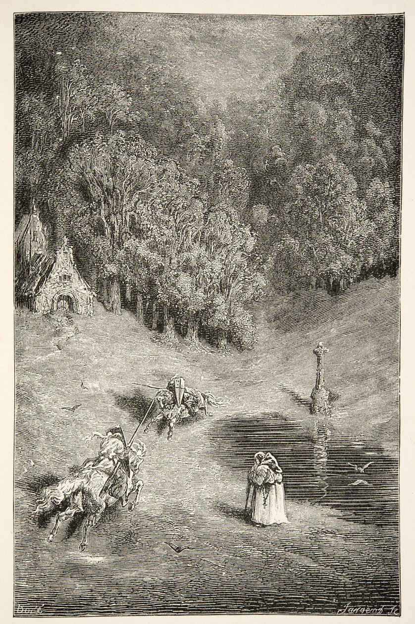 Das Aufeinandertreffen zwischen Artus und Pellinore, aus Geschichten der Tage von König Artus von Charles Henry Hanson, veröffentlicht 1898 von Gustave Dore