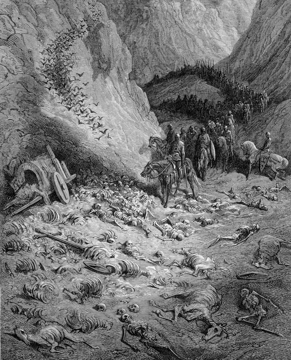 Der Vorwärts: Die Armee der Kreuzfahrer trifft auf die Toten der vorangegangenen Welle der Kreuzfahrer - Stich von Gustave Doré von Gustave Dore