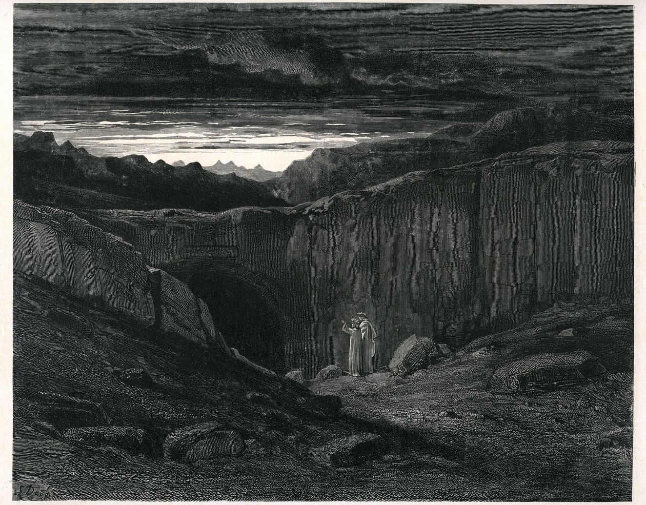 Die Hölle von Dante Alighieri (Die Göttliche Komödie) illustriert von Gustave Doré. Französische Ausgabe von 1861. Dante und Virgil am Eingang zur Hölle: „Lasciate ogni speranza, voi che 