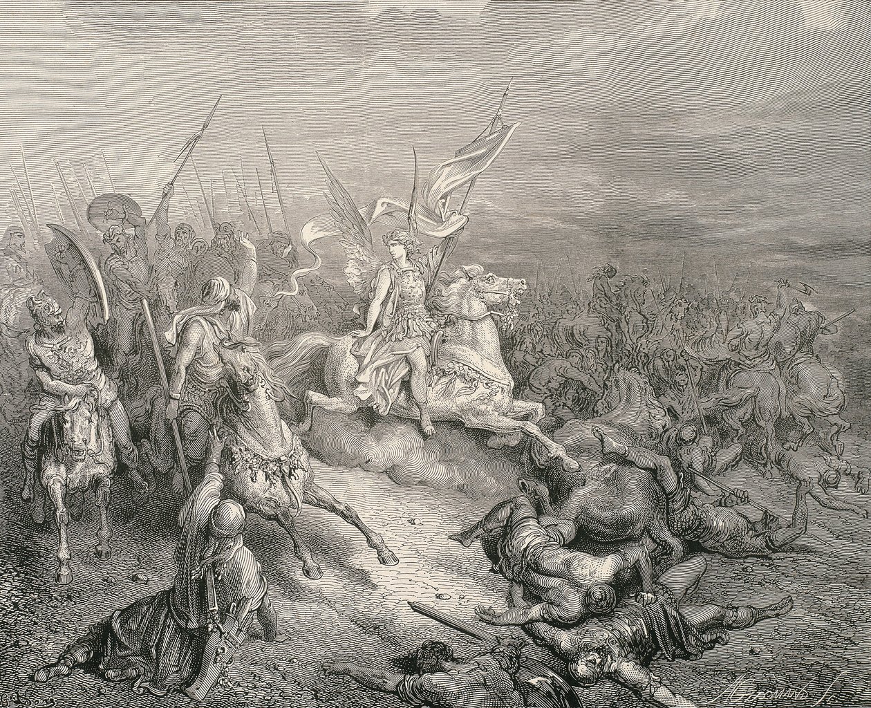 Die Heilige Bibel. 1866. Der Engel der Makkabäer. Gravur von Gustave Dore