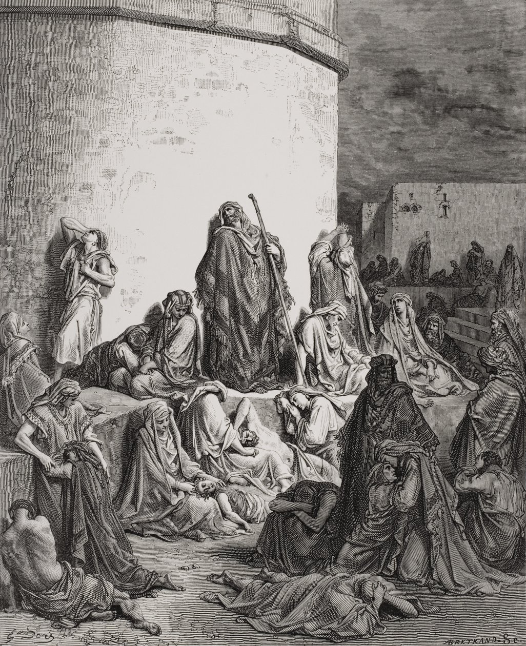 Das Volk trauert über die Ruinen Jerusalems, Klagelieder 1:1-2 Illustration aus Dores 