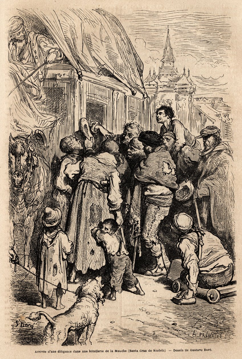 Die Ankunft der Postkutsche in einem Hotel in Santa Cruz de modela (Provinz Mancha), überfallen von Bettlern, die um Almosen bitten. Zeichnung von Gustave Dore (1832-1883). Gravur zur Illustration der Reise nach Spanien, 1862 von Charles Davillier und Gust von Gustave Dore