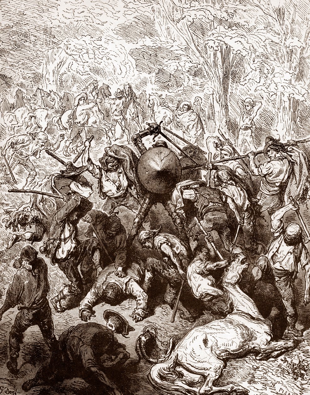Der Kampf gegen die Maultiertreiber von Yanguas (Gravur von Gustave Doré für „Der sinnreiche Junker Don Quijote von der Mancha“ von Miguel de Cervantes 1863) von Gustave Dore