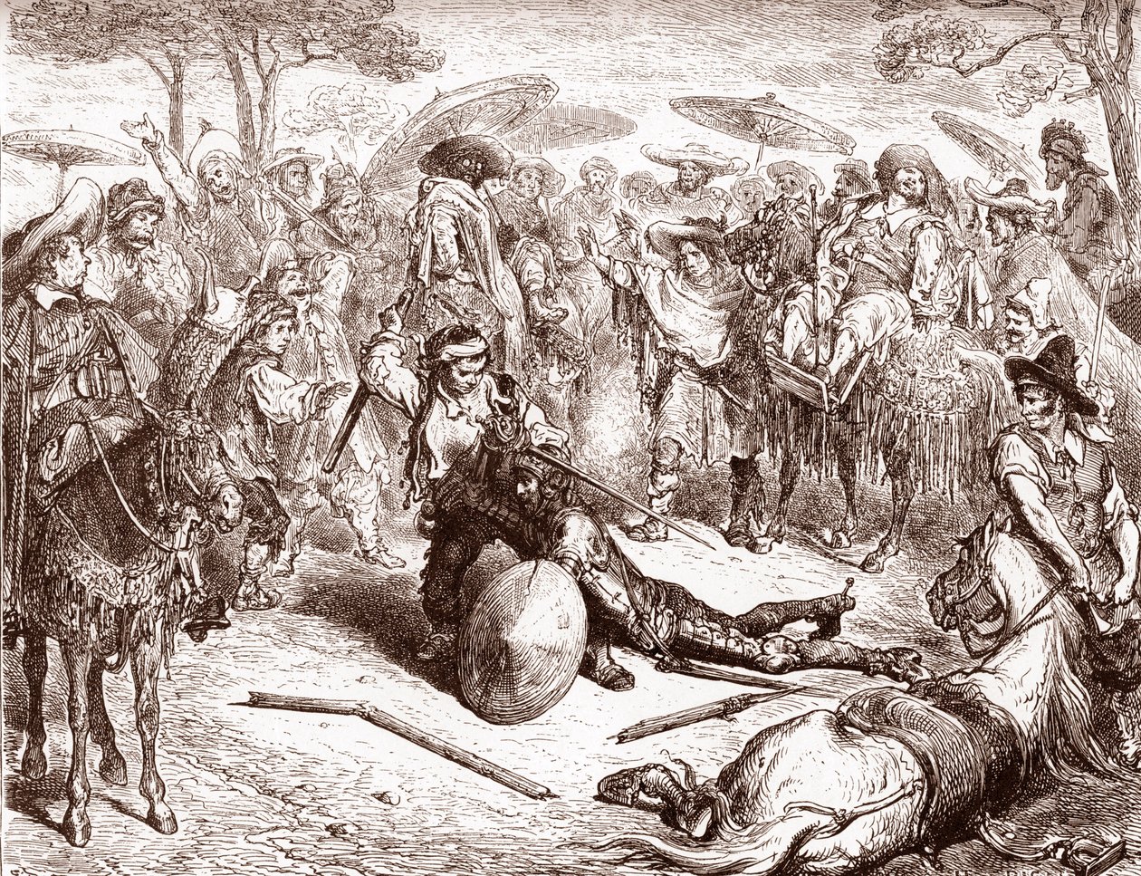 Die Kaufleute von Toledo sehen zu, wie einer ihrer Maultiertreiber Don Quijote schlägt, Gravur von Gustave Doré für 