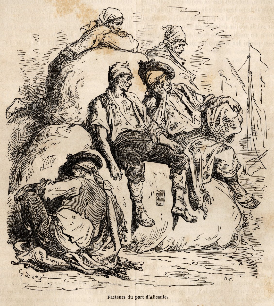Das Nickerchen der Träger des Hafens von Alicante, Skizze von Gustave Doré (1832-1883), zur Illustration seiner Reise nach Spanien im Jahr 1862 mit Ch. Davillier. Gravur in „Le tour du monde“, herausgegeben von Edouard Charton von Gustave Dore