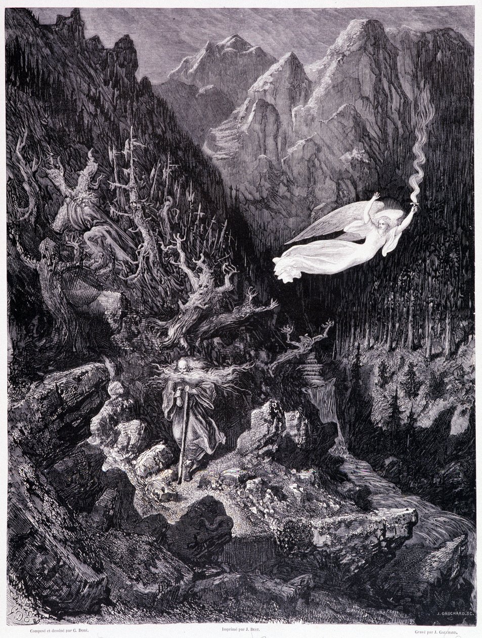 Der alte Mann mit Geldbeutel und Stock, der in einer feindlichen Landschaft geht, wird von einem Engel mit einer Feuerlanze überragt, Tafel VII - Illustration von Gustave Doré für La légende du Juif errant von Pierre Dupont von Gustave Dore