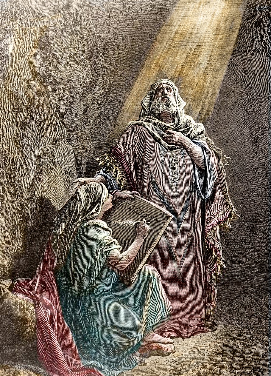 Der Prophet Jeremia diktiert seine Prophezeiungen an Baruch - Kolorierte Gravur von Pannemacker, aus der Bibel von Gustave Doré (1832-1883) von Gustave Dore