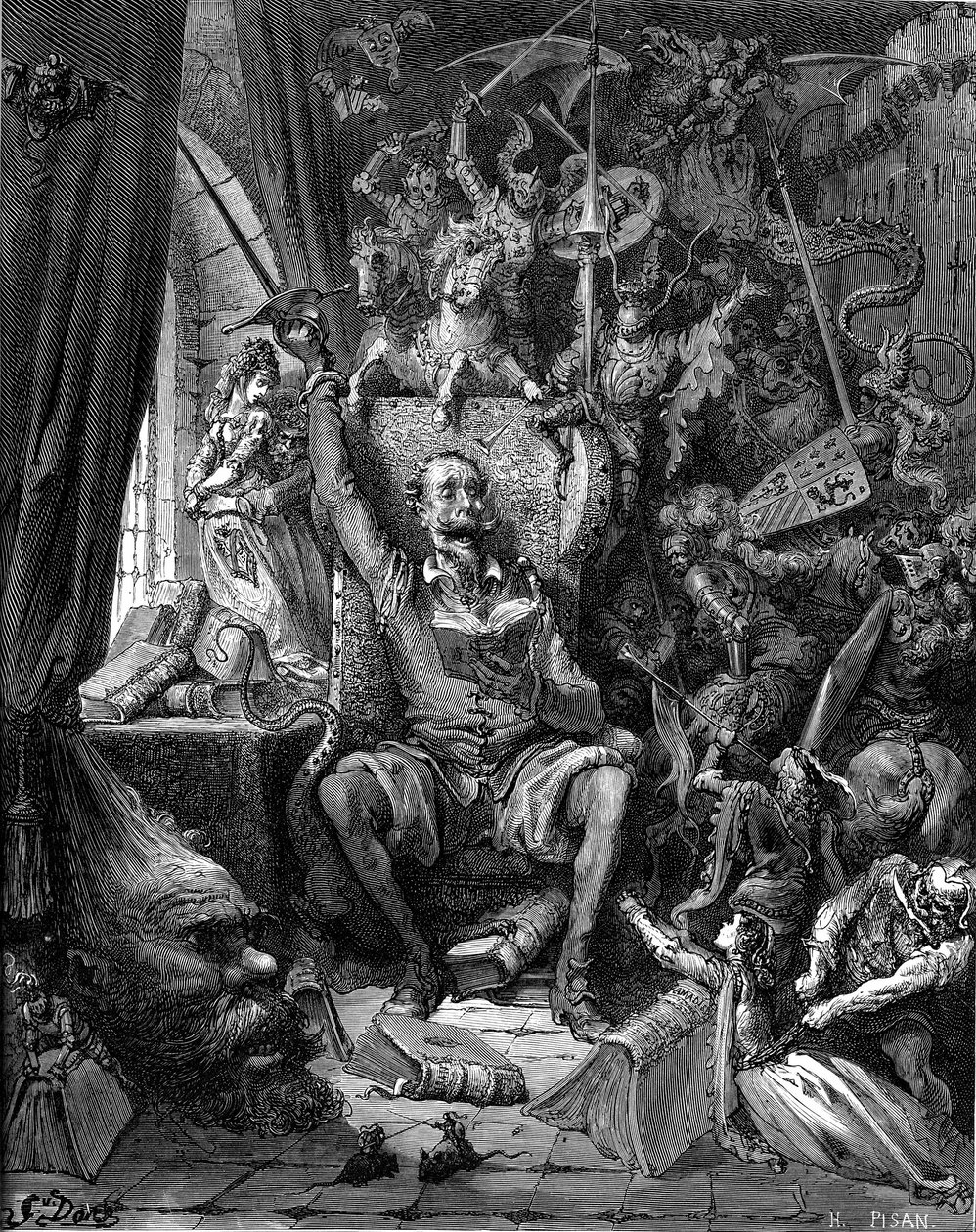Die Lesung von Don Quijote. Gravur von Gustave Doré zur Illustration der Hachette-Ausgabe von 1869 des Buches „Der sinnreiche Junker Don Quijote von der Mancha“ von Miguel de Cervantes Saavedra, Übersetzung von Louis Viardot von Gustave Dore