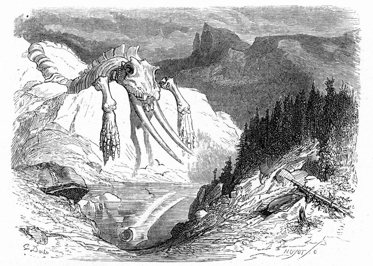 Stich von Gustave Doré um 1850: Evokation einer apokalyptischen Sintflut, nach der verschiedene monströse Tiere auf dem Berg gefallen sind. Illustration des Buches von Hippolyte Taine „Reise in die Pyrenäen“, in dem das Vorhandensein fossiler Knochen besch von Gustave Dore