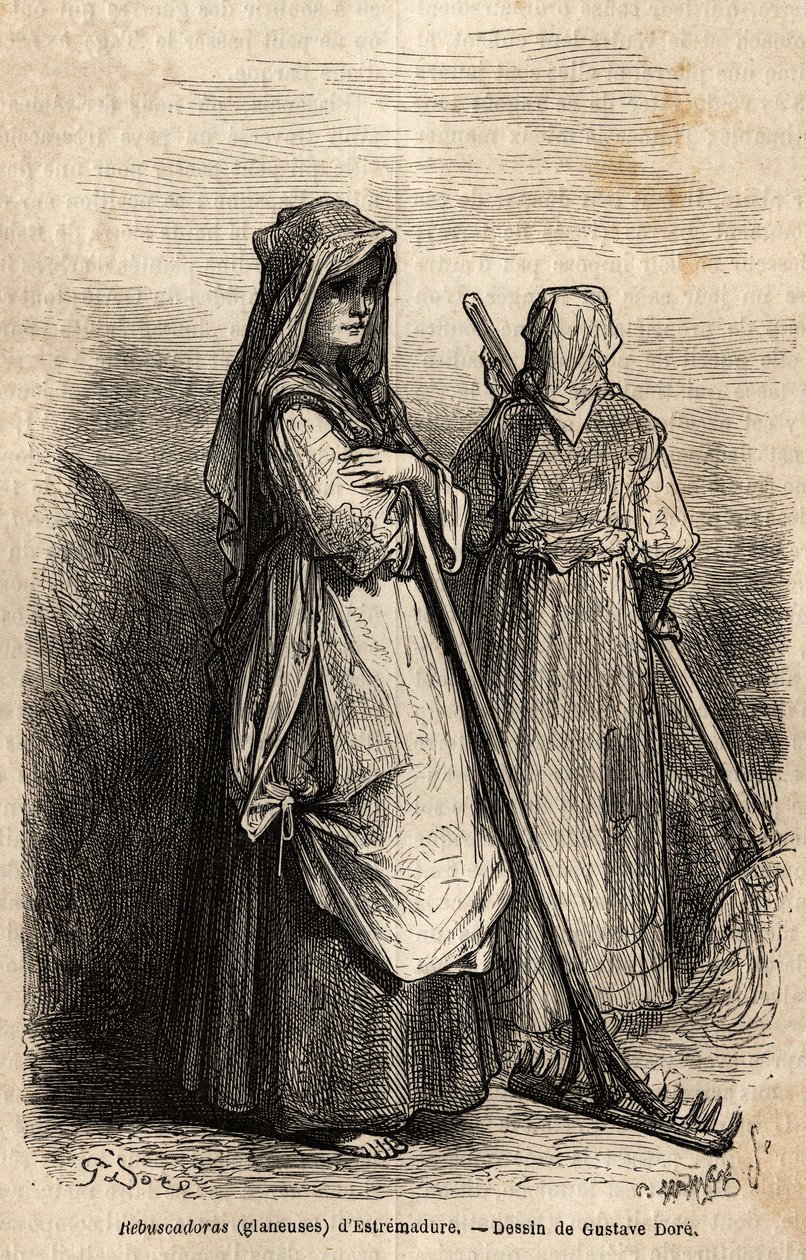 Die Nachleser von Estremadura, mit ihren großen Holzrechen, um den Teil der Ernte aufzusammeln, der nach der Ernte auf den Feldern vergessen wurde. Gravur zur Illustration der Reise nach Spanien von Gustave Dore und Baron Ch. Davillier von Gustave Dore