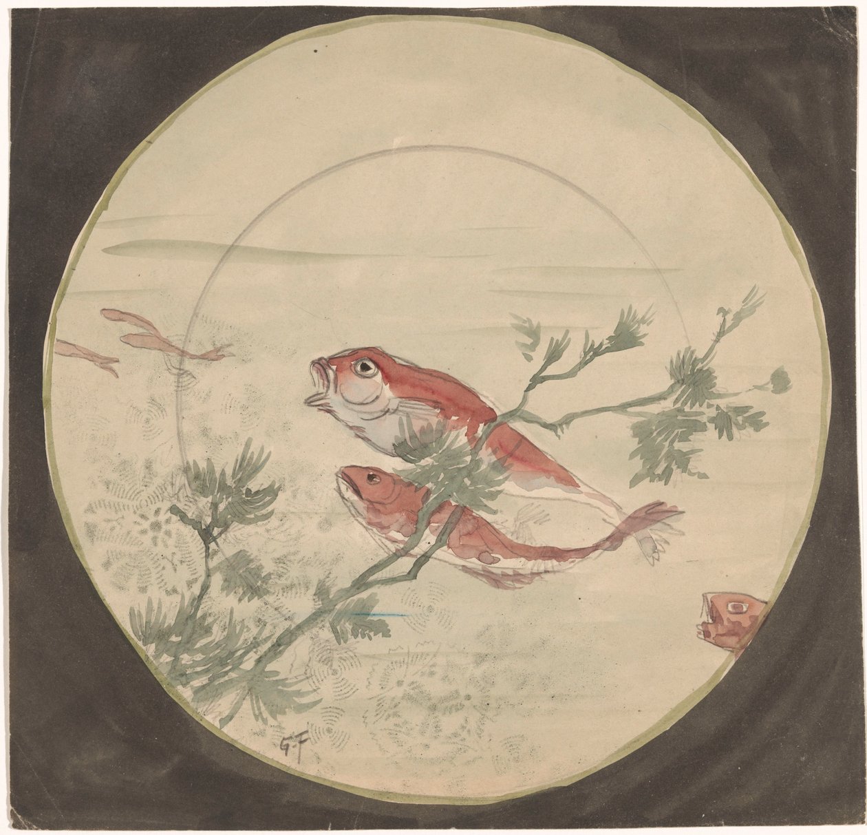 Entwurf für einen Teller mit roten, aufwärts schwimmenden Fischen von Gustave Fraipont (signed by artist)