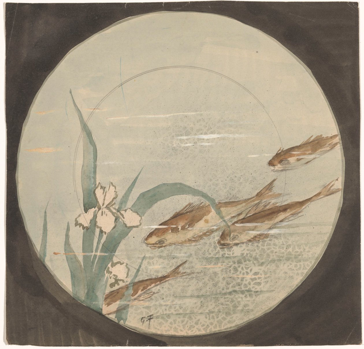 Entwurf für einen Teller mit vier braunen, nach unten schwimmenden Fischen bei einer weißen Iris von Gustave Fraipont (signed by artist)