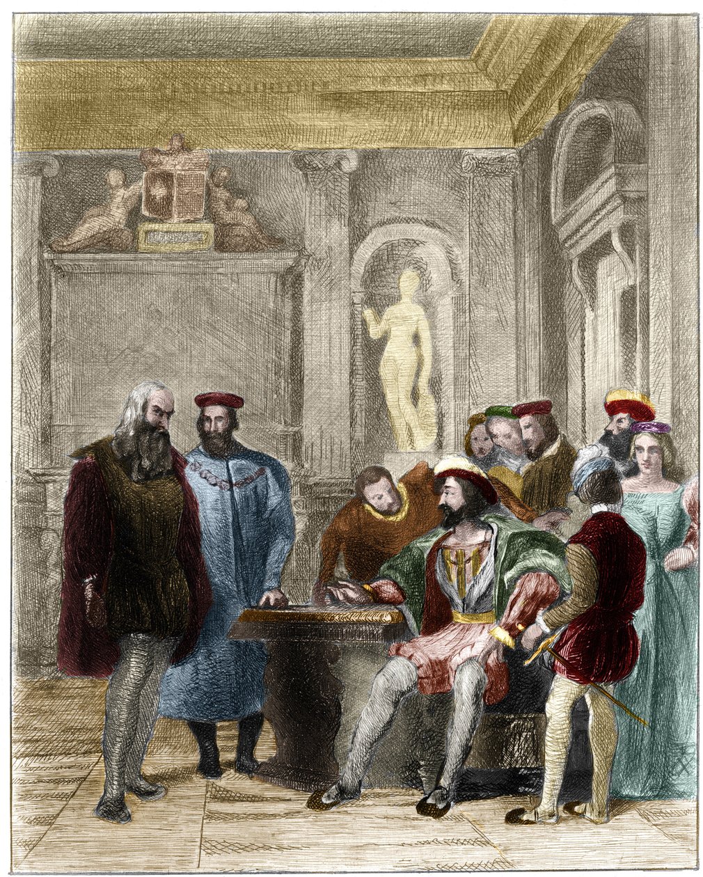 Leonardo da Vinci am Hof des Königs von Frankreich Franz I. (Leonardo da Vinci alla corte del re di Francia Francesco primo). Gravur aus dem 19. Jahrhundert von Gustave Greux. Private Sammlung von Gustave Marie Greux