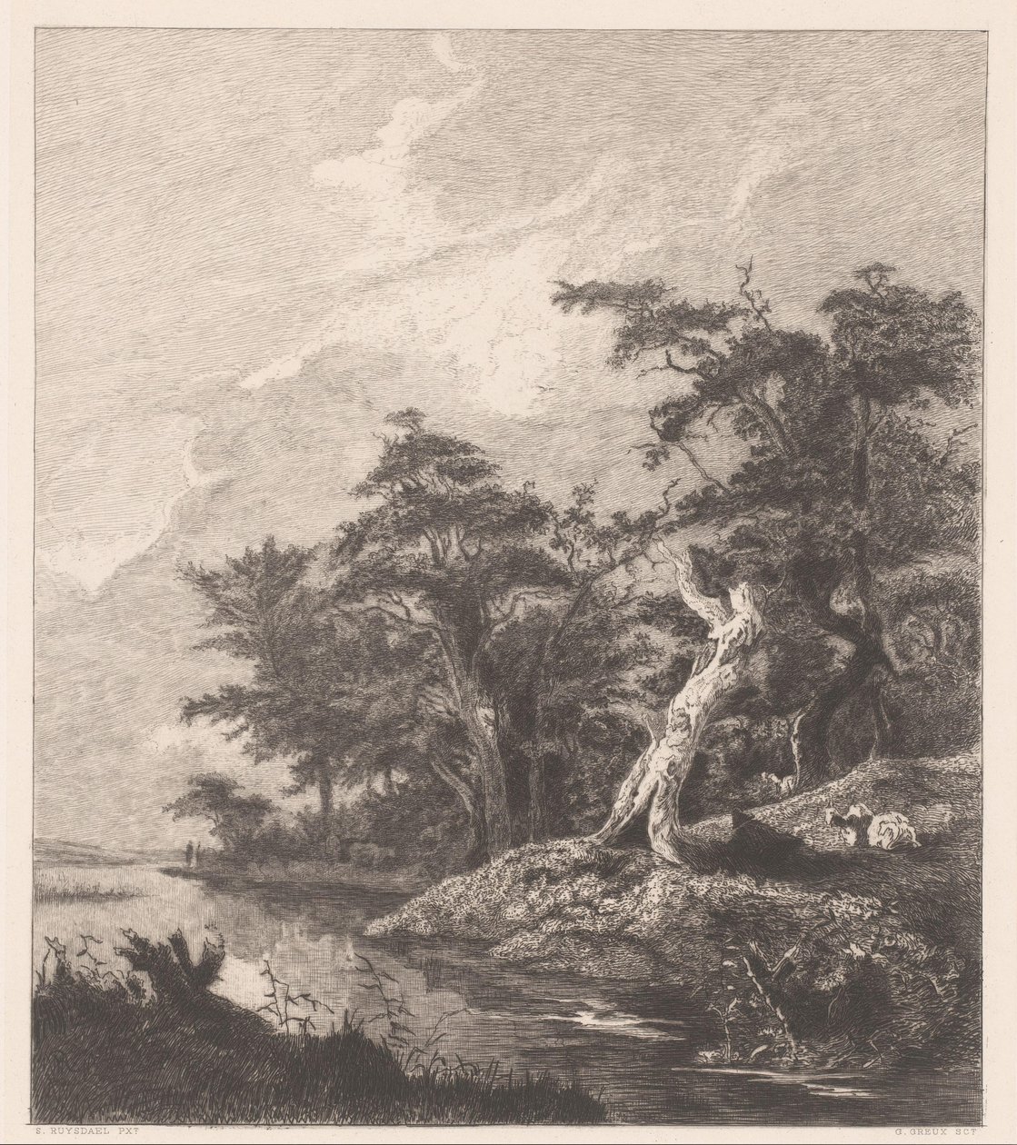 Flusslandschaft mit ruhendem Hirten bei einem Baumstumpf von Gustave Marie Greux