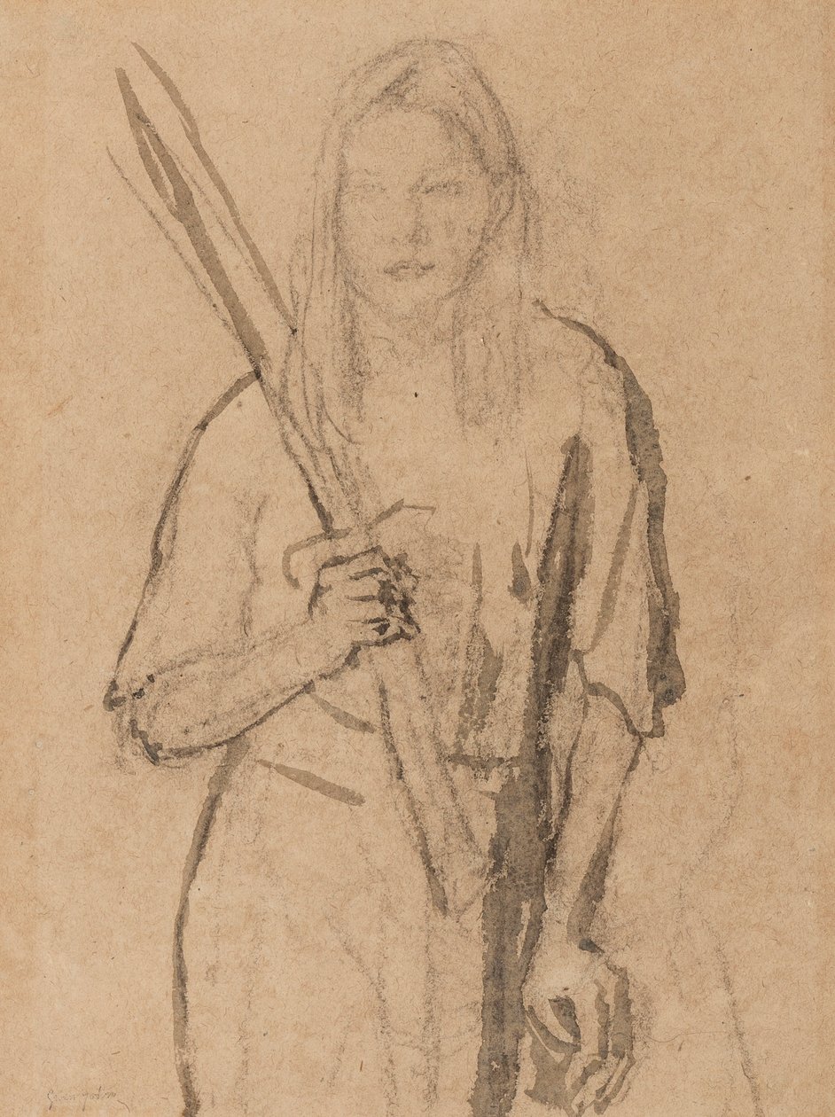 Stehendes Mädchen mit Holzpfosten in der Hand von Gwen John