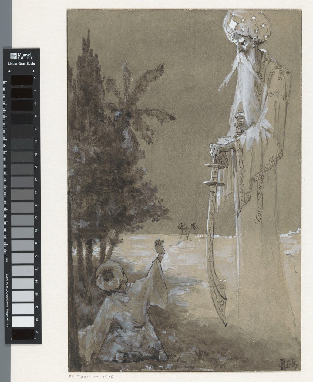 Langer Mann mit Bart schaut auf einen sitzenden Jungen herab von H.C. Louwerse (signed by artist)