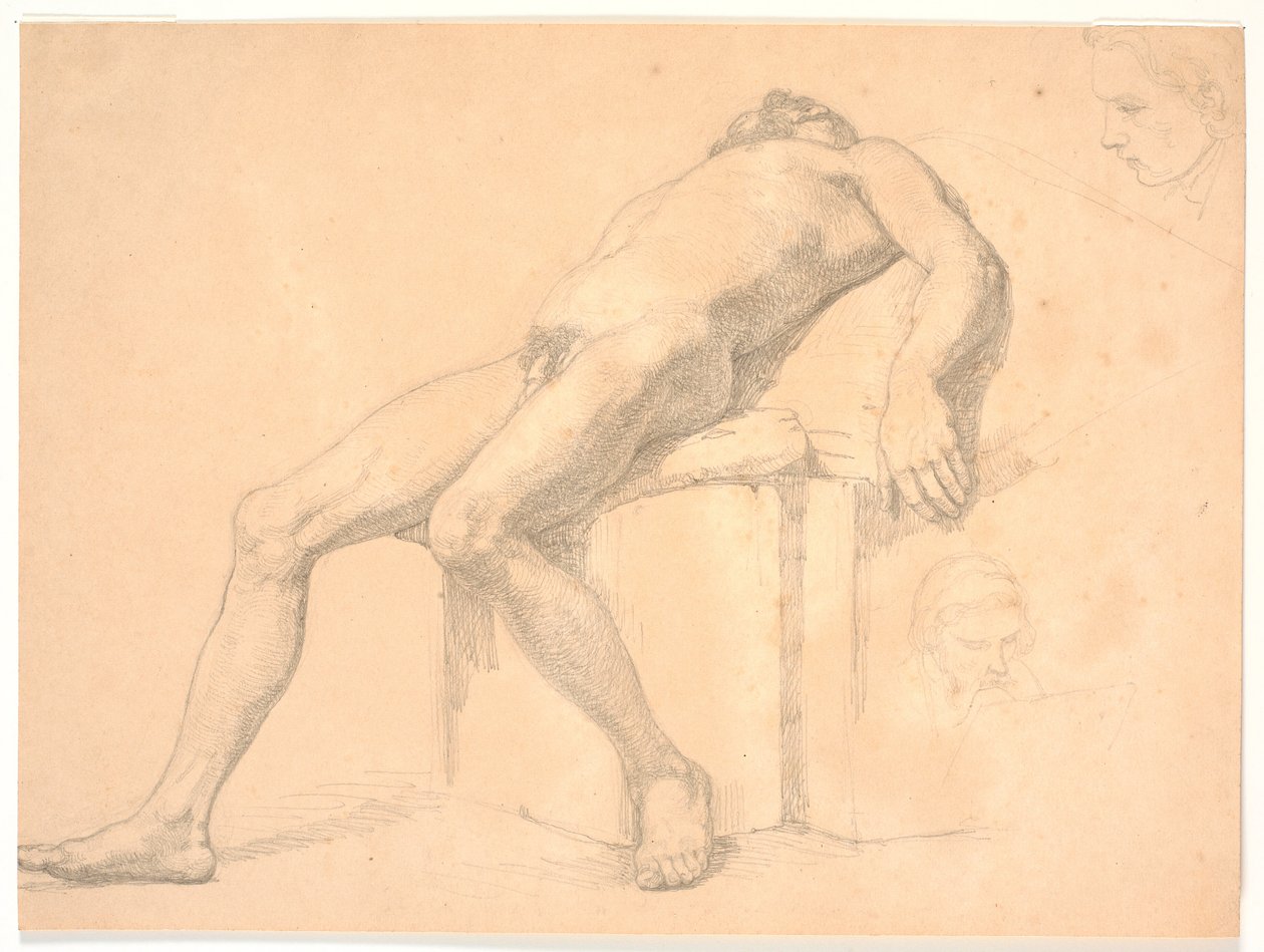 Studie eines männlichen, nackten, zurückgelehnten Modells. Rechts zwei Porträtköpfe, einer möglicherweise Constantin Hansen von H.W. Bissen