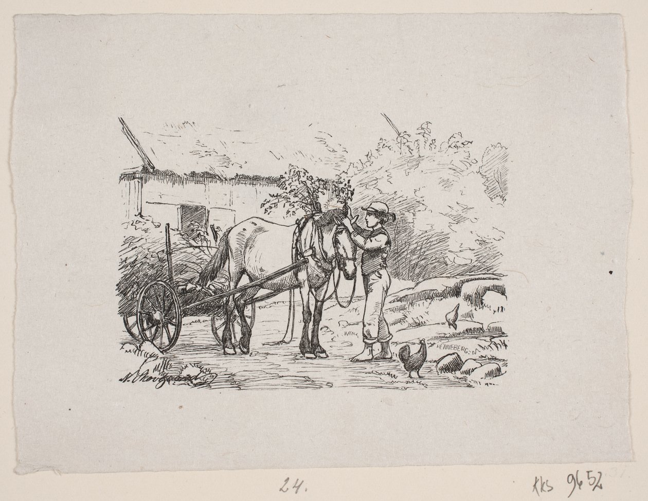 Ein Junge schmückt ein Pferdegeschirr mit grünen Zweigen von H. C. Henneberg