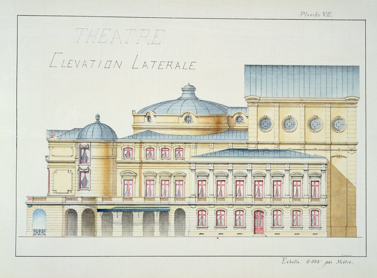 Seitenansicht eines Theaters, Tafel VII aus einem Folio von Entwürfen, ca. 1870 von H. Monnot