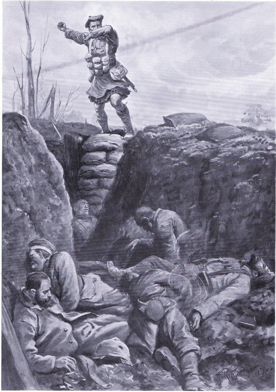 Private Brown (Gordon Highlander) bombardiert den Feind in einem deutschen Graben von oben einer Barrikade von H. Ripperger