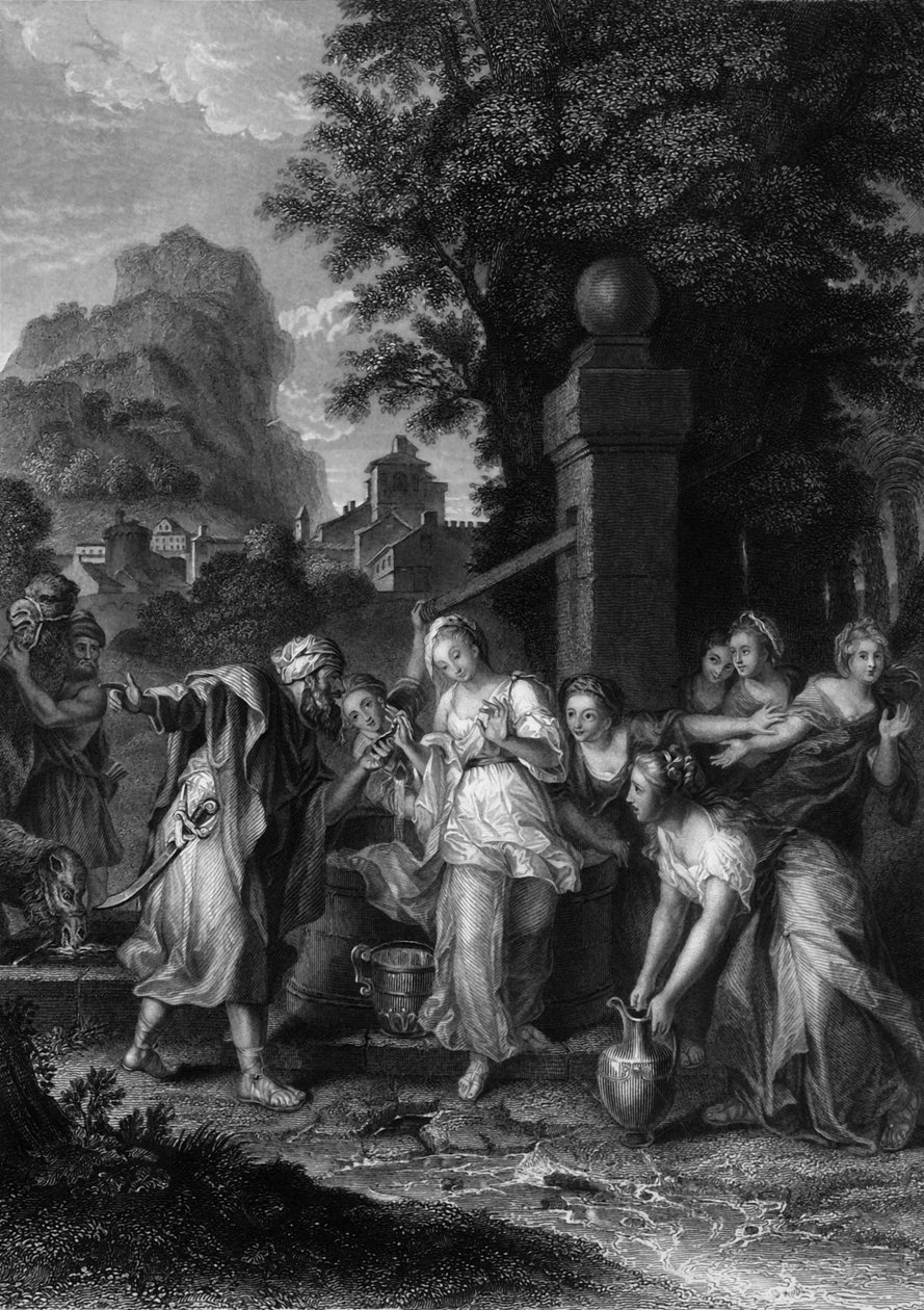 Das Treffen von Eliezer und Rebecca am Brunnen, 19. Jahrhundert von H. Robinson