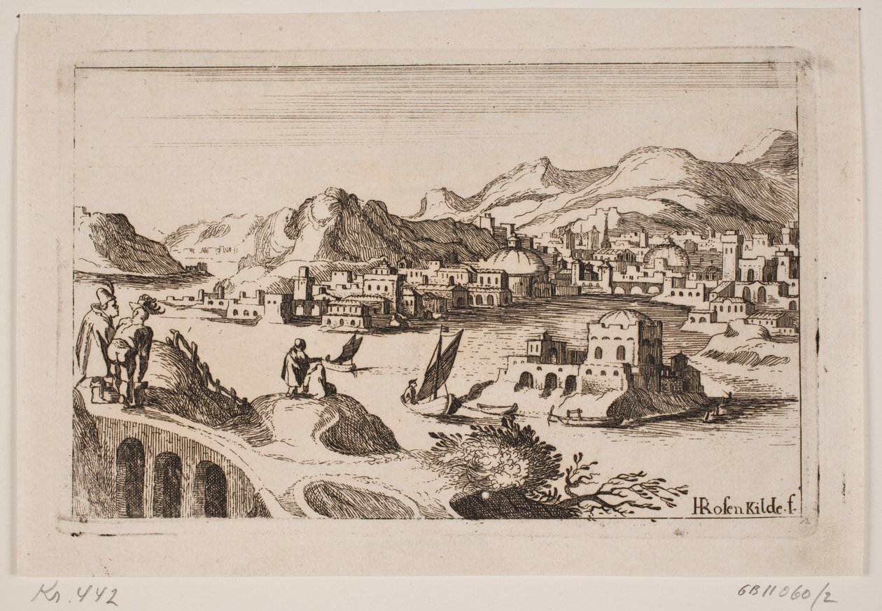 Kupferne Küstenlandschaft mit orientalischen Gebäuden von H. Rosenkilde