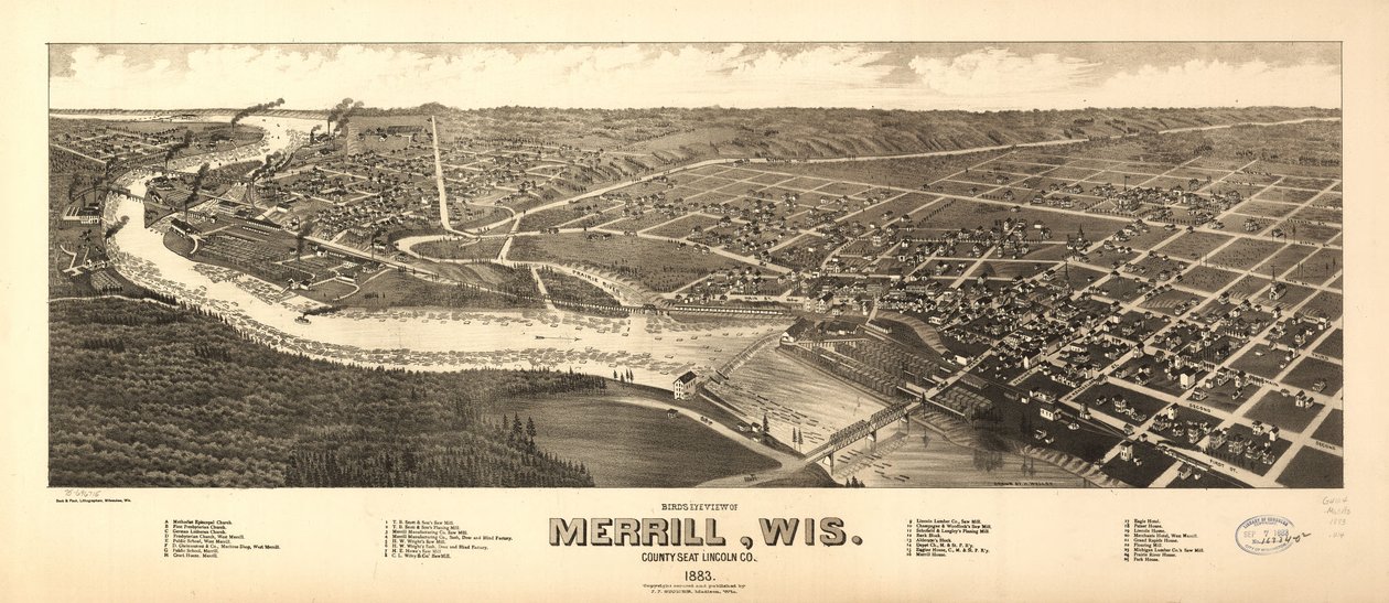 Vogelperspektive von Merrill, Wis., Bezirkssitz Lincoln Co. 1883 von H. Wellge