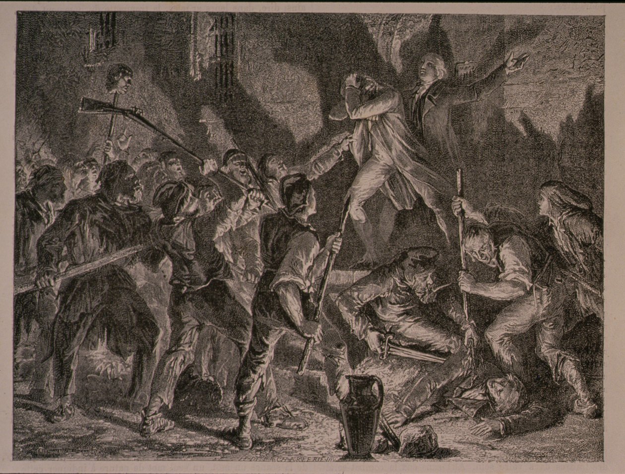 Das Massaker in den Gefängnissen im September 1792, graviert von Jean-Baptiste Charles Carbonneau (geb. 1815) von H. de la Charlerie