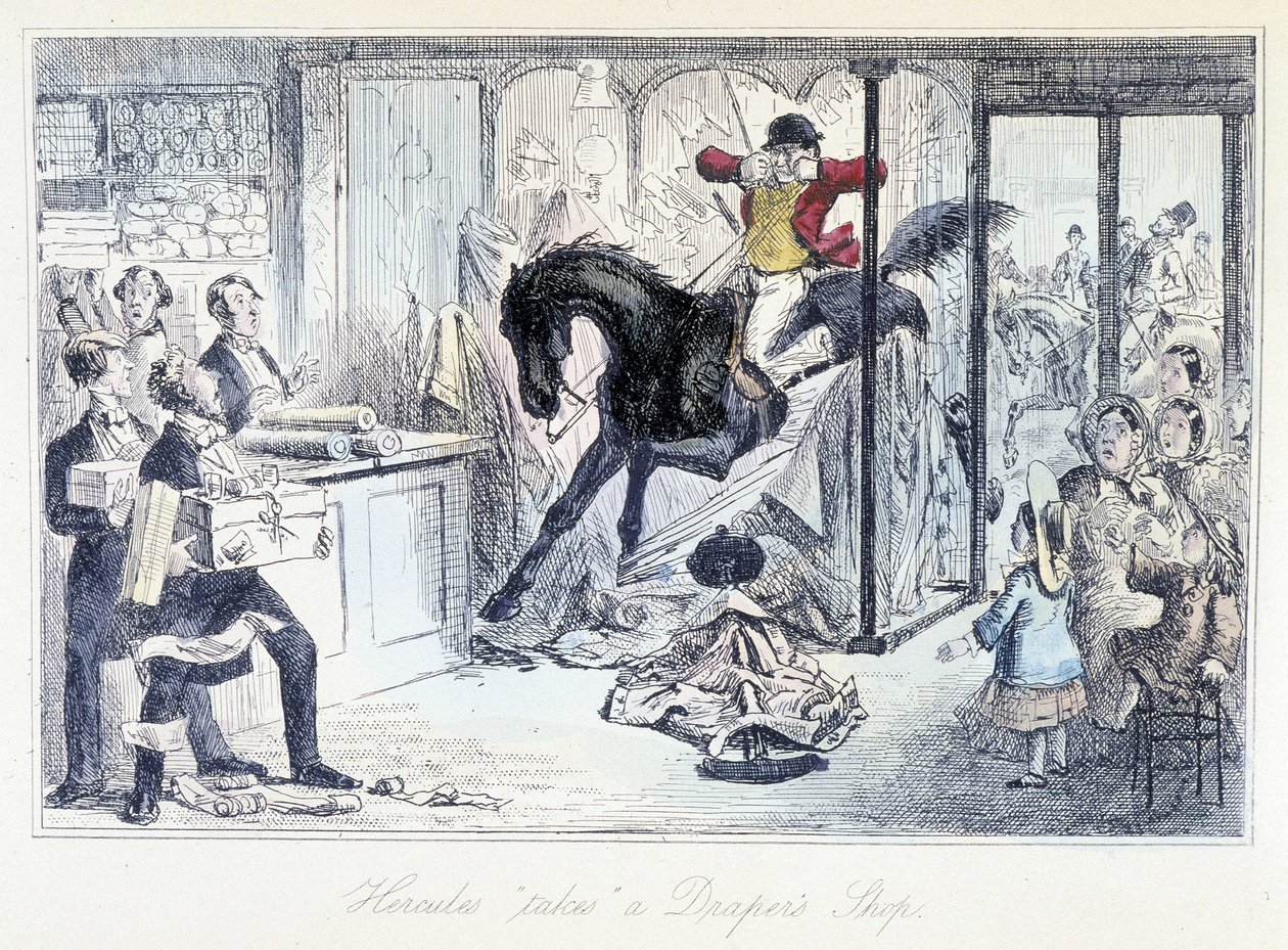 Pferdejäger, der versehentlich in ein Stoffgeschäft eindringt. Englische Karikatur über die Jagd aus „Abenteuer von Thomas Scott oder Hawbuck Grange“, Illustration von H.K. Browne und W.T. Maud von Hablot Knight Browne