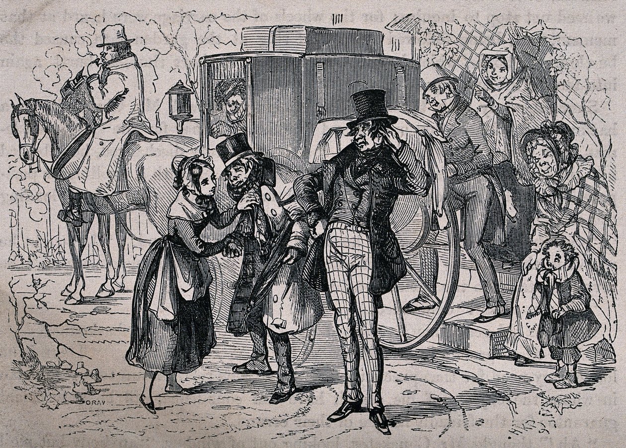 Eine junge Frau kümmert sich um einen kranken Mann, während Leute aus dem Haus in die Kutsche steigen. Holzstich von Gray nach H.K. Browne. von Hablot Knight Browne